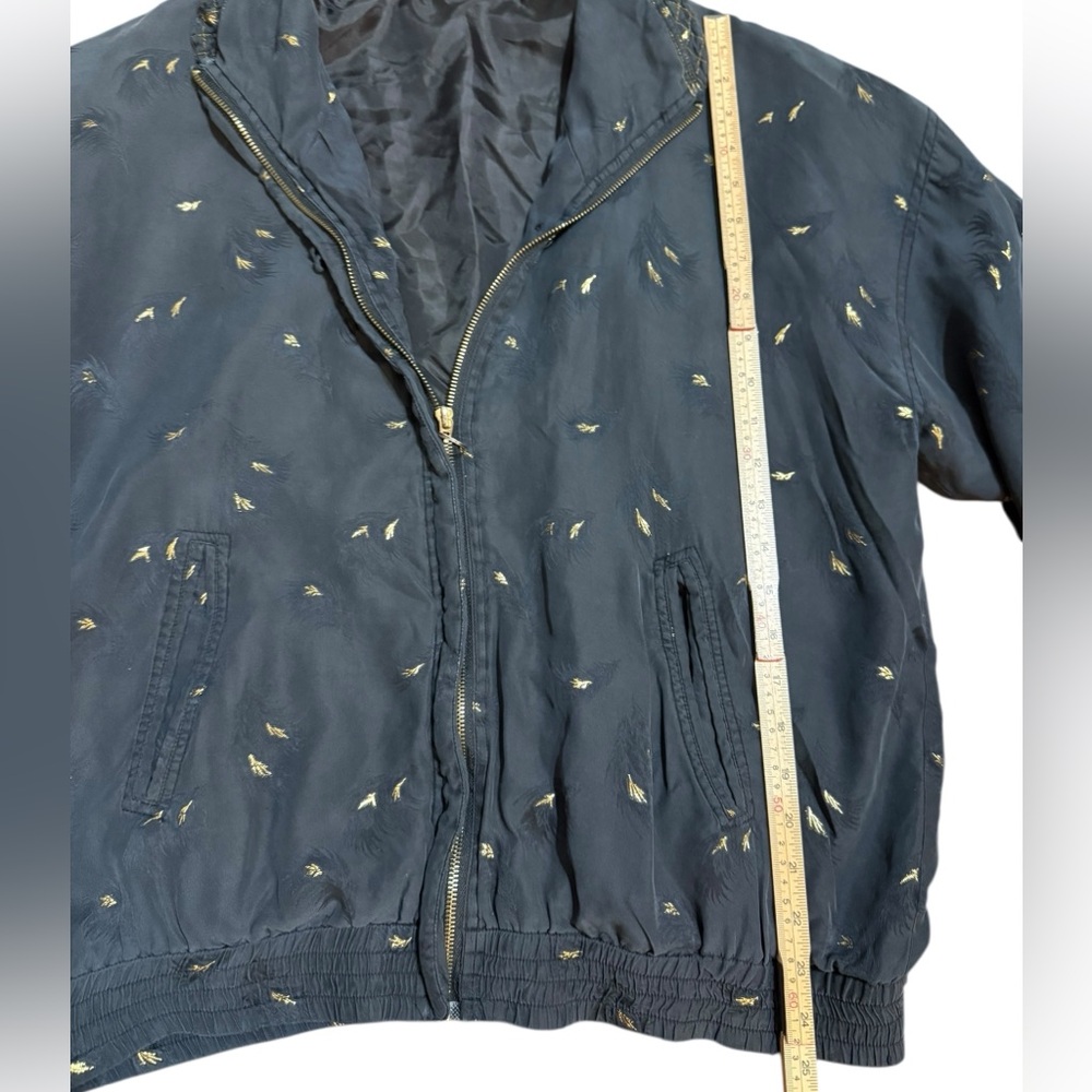 Vintage Mureli 100% Silk Feather-Print Jacket Black Bomber Style ’80s/’90s Sz L - Picture 7 of 15